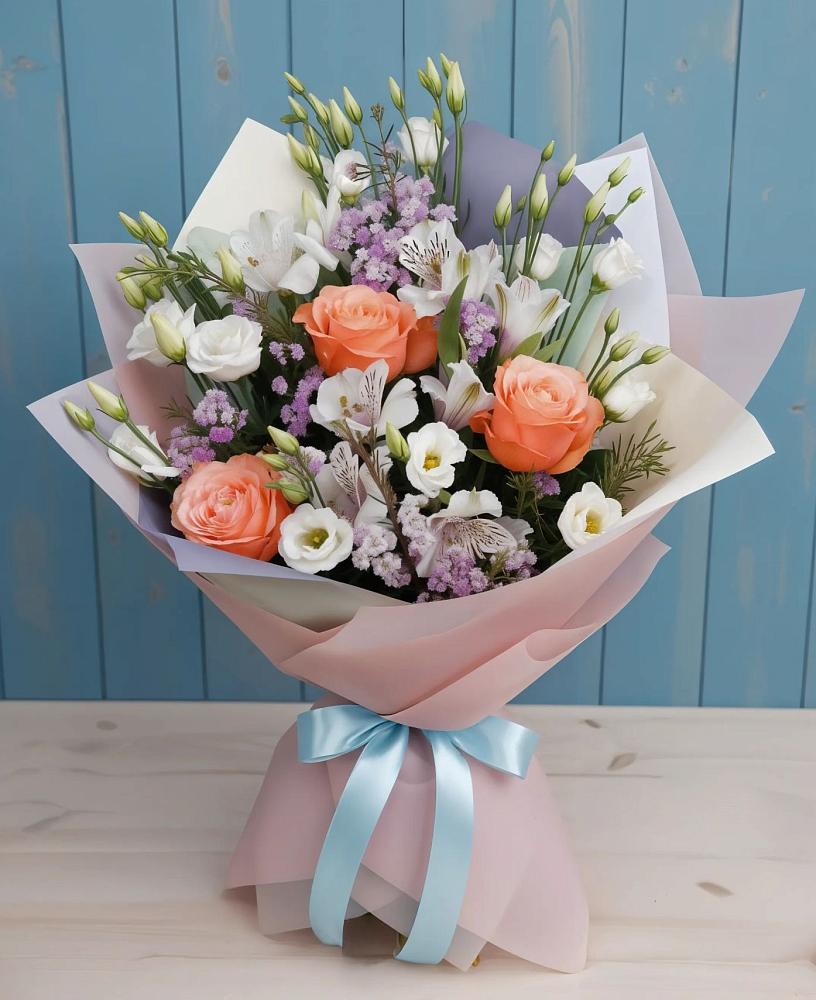 Букет цветов из: Лизиантусы, Розы, Альстромерии и Гипсофила в Прокопьевске
