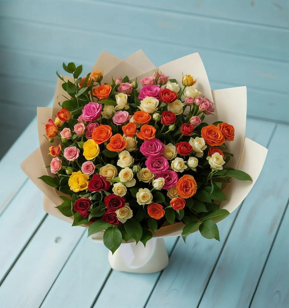 Букет Микс из разноцветных кустовых роз в Прокопьевске